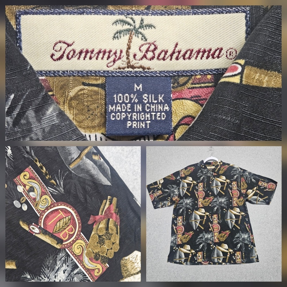 Tommy Bahama All Over Cigar Print  Shirt Men's M Black Silk Tobacco Hawaiian
